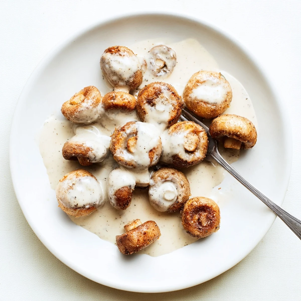 Golden-brown fried mushrooms with creamy peppery gravy, perfect for a vegetarian comfort meal.