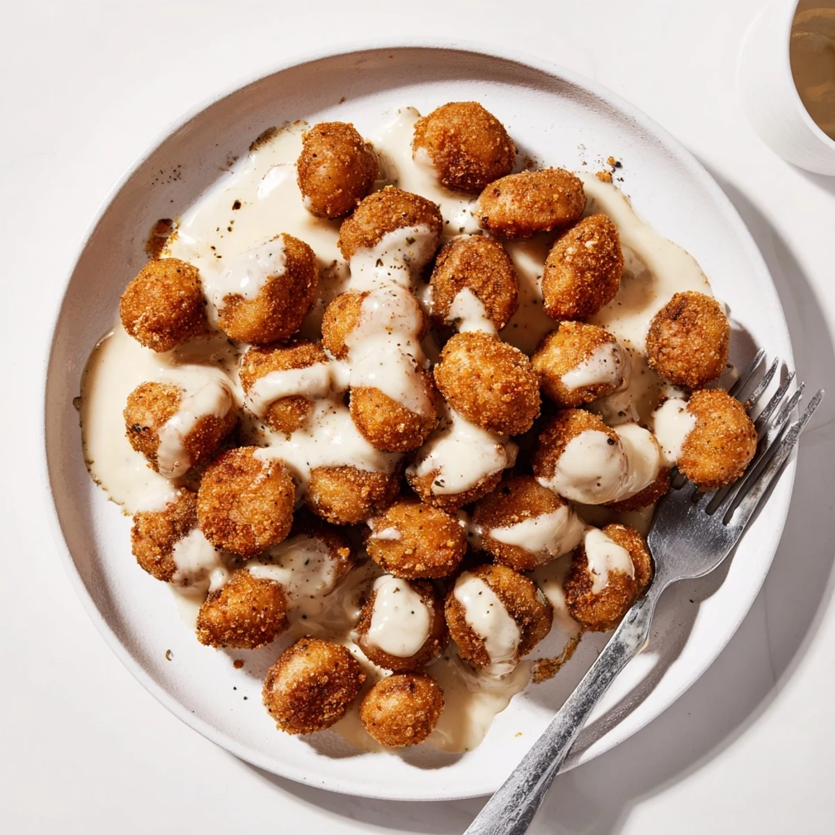 A close-up of Chicken Fried Mushrooms with Gravy served hot, ideal for cozy American comfort food.