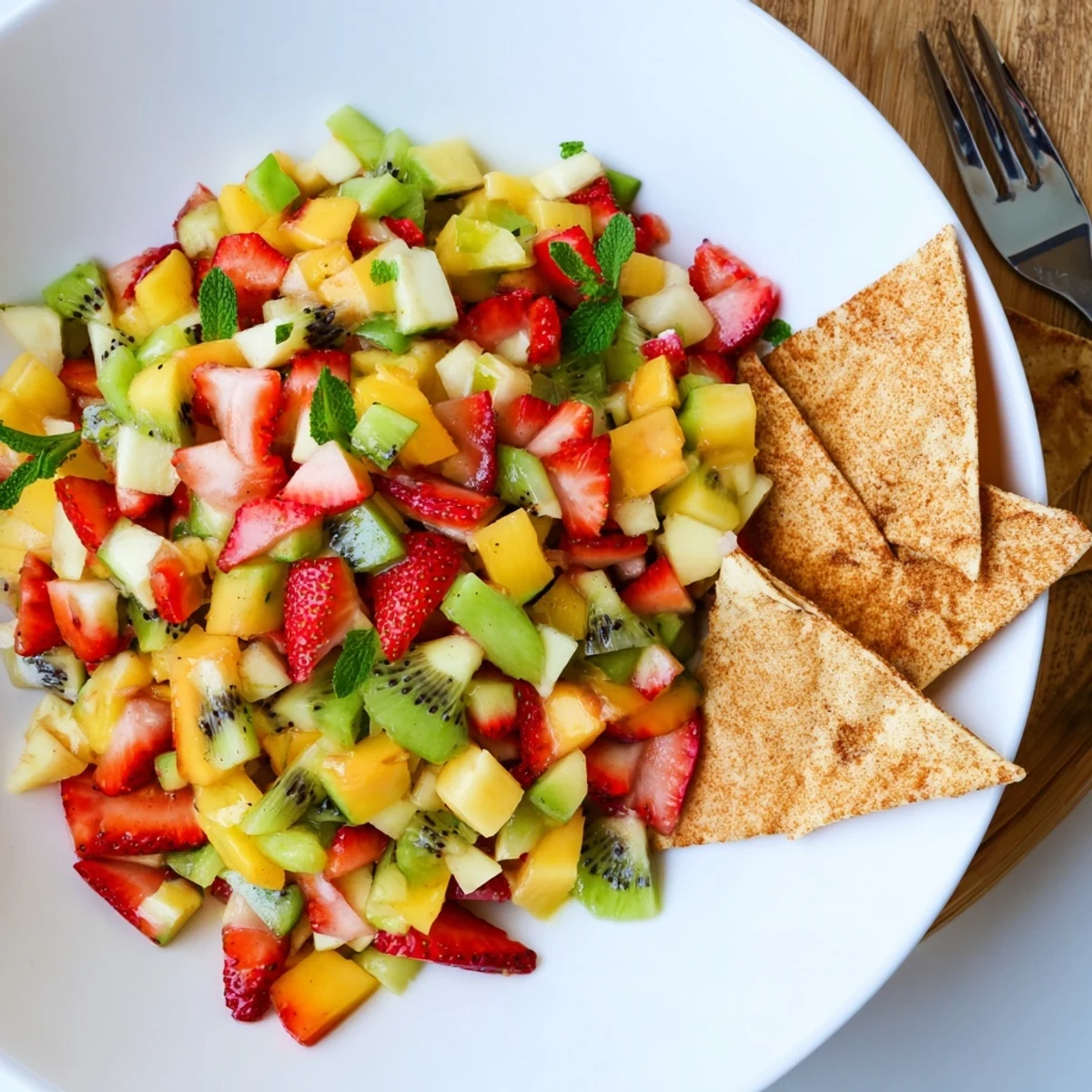 Fruit Salsa With Cinnamon Sugar Tortilla Chips served with golden, crispy baked triangles on a rustic wooden table.