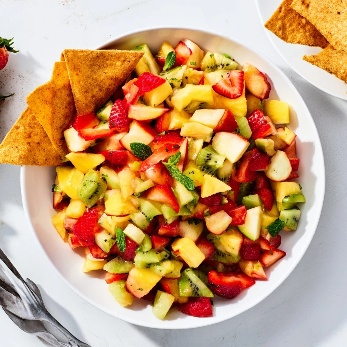 A vibrant bowl of Fruit Salsa With Cinnamon Sugar Tortilla Chips glistening with fresh mango and kiwi.