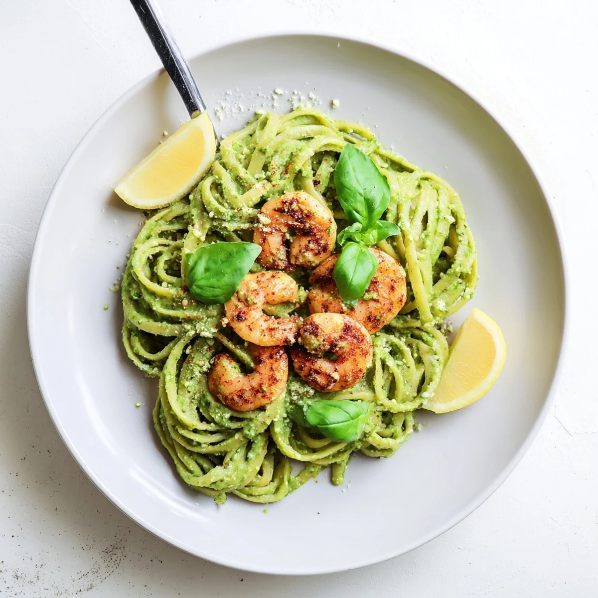 Bright green pesto linguine topped with succulent grilled shrimp stacks, drizzled with olive oil and fresh lemon juice. 
