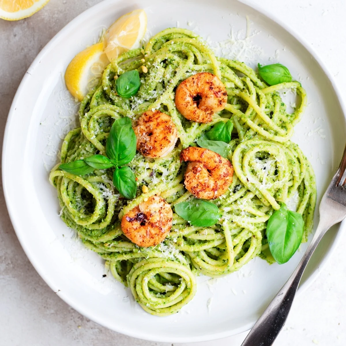 Savory Pesto Pasta and Grilled Shrimp Stack features al dente noodles, smoky shrimp, and a glistening herb drizzle.