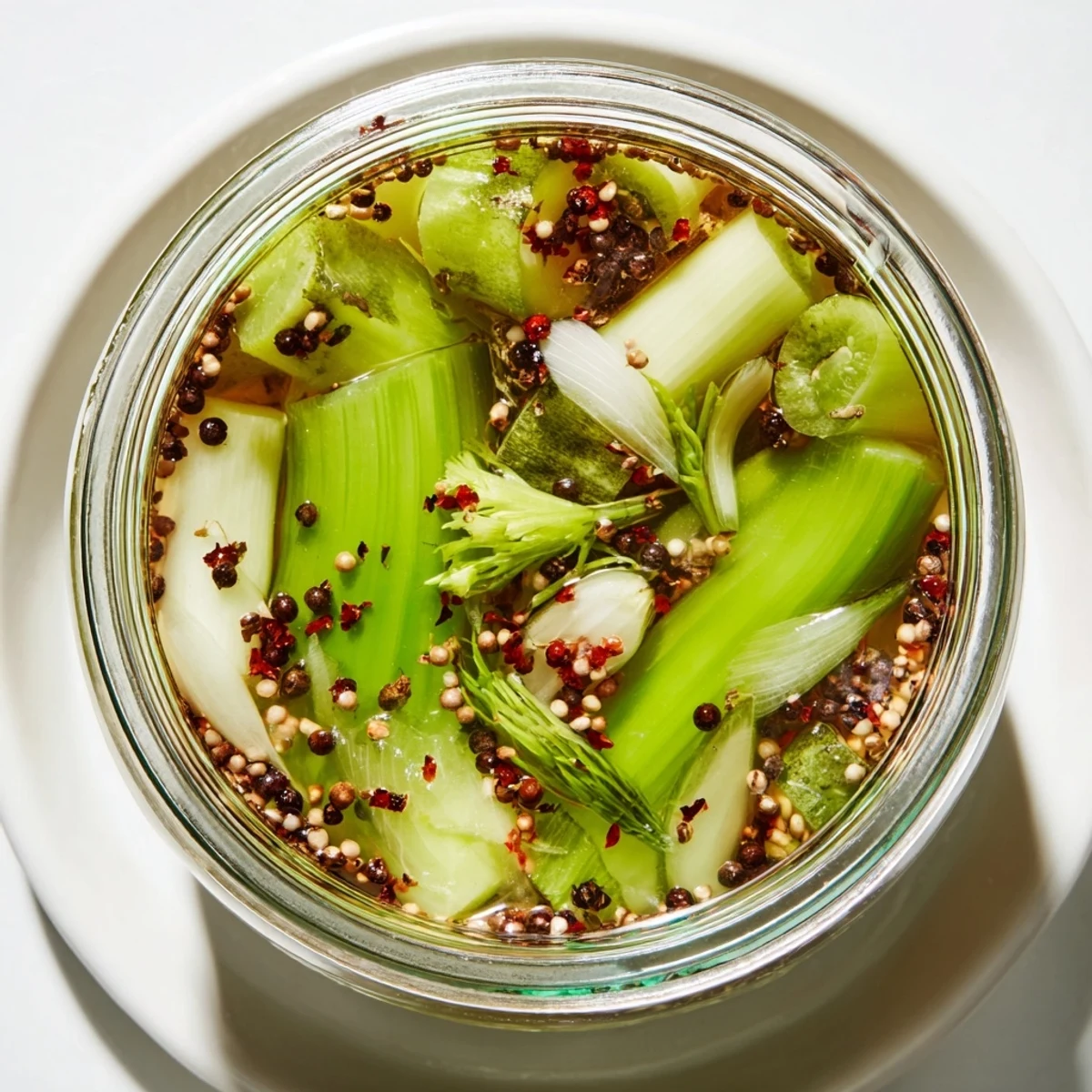 Crisp slices of Quick Pickled Celery glisten in a clear jar, submerged in tangy vinegar brine with mustard seeds and peppercorns.