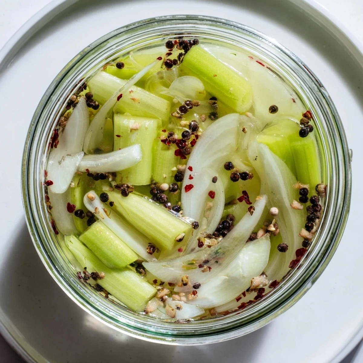 Bright Quick Pickled Celery stalks layered in a jar with shallots, ready to chill and serve with Bloody Marys.