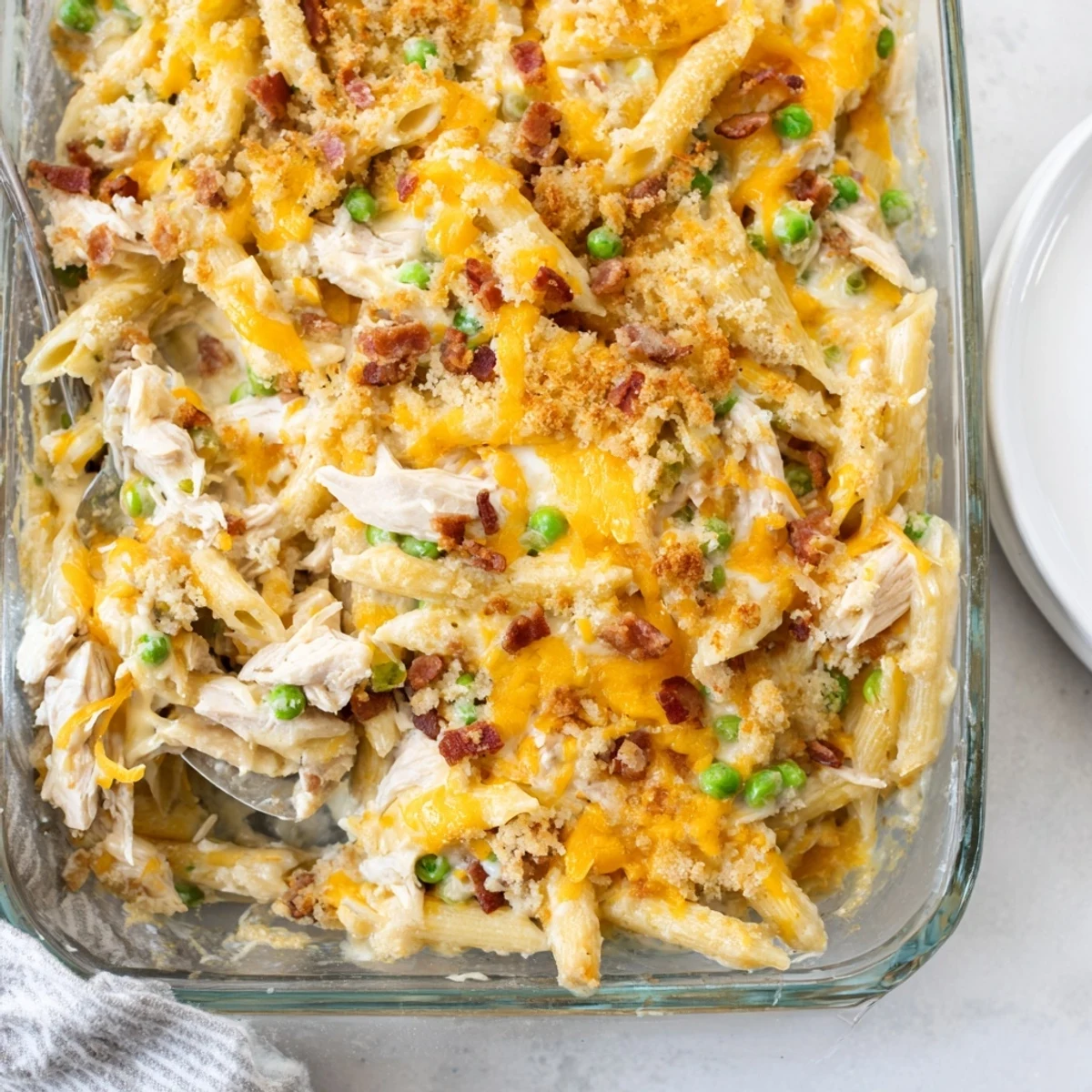 A close-up of Crazy Good Casserole with bubbly golden cheese crust and crispy bacon bits on top.