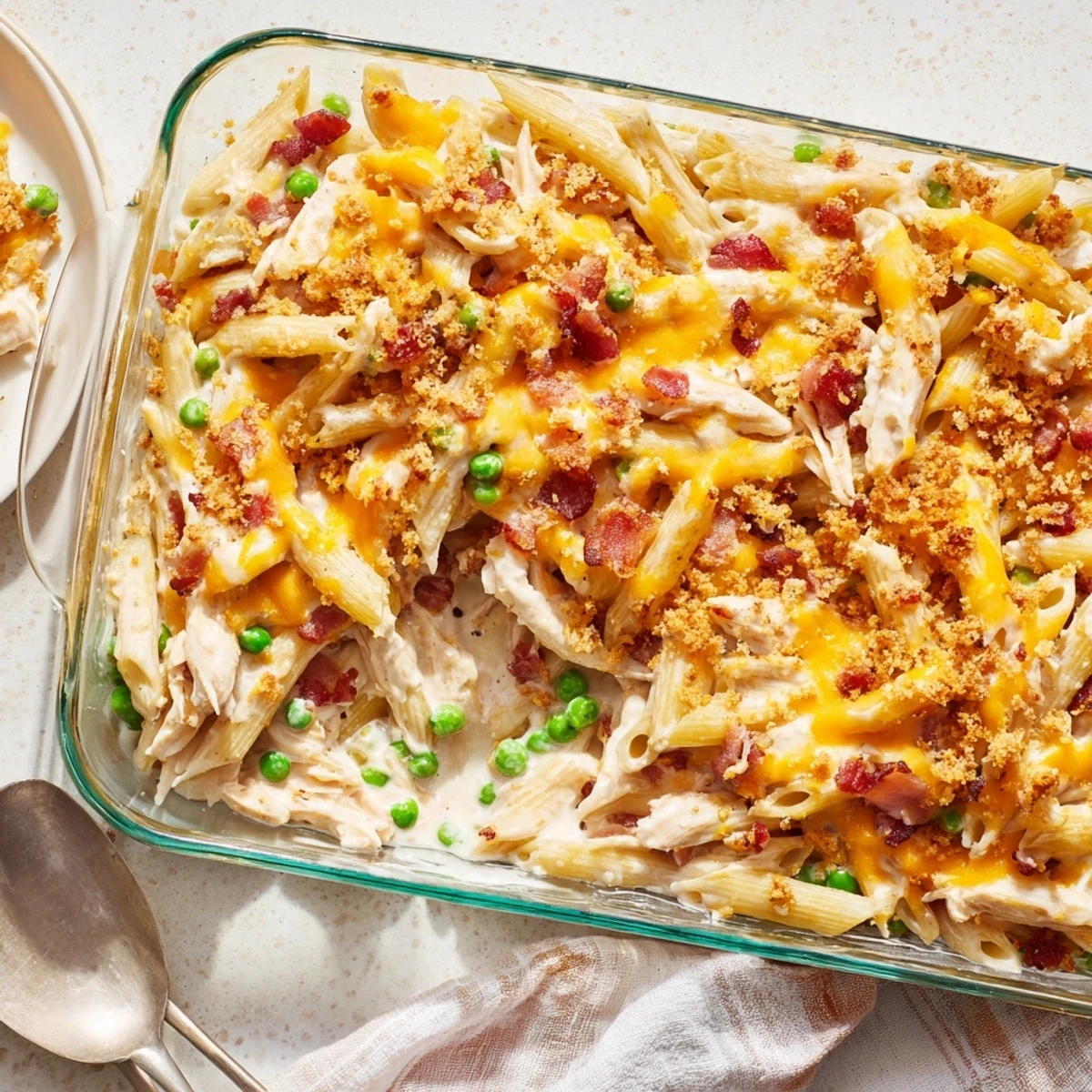 Serving suggestion of Crazy Good Casserole garnished with fresh thyme and served on a rustic farmhouse table.