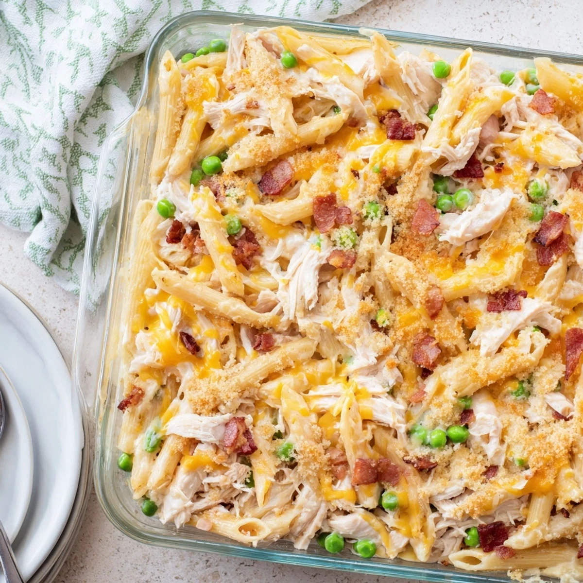 Family-style dinner plate featuring a generous scoop of Crazy Good Casserole with creamy sauce and peas.