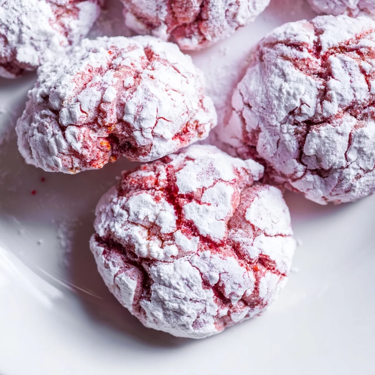 Crinkled Easy 5 Ingredient Strawberry Crinkle Cookies dusted with powdered sugar on a plate.