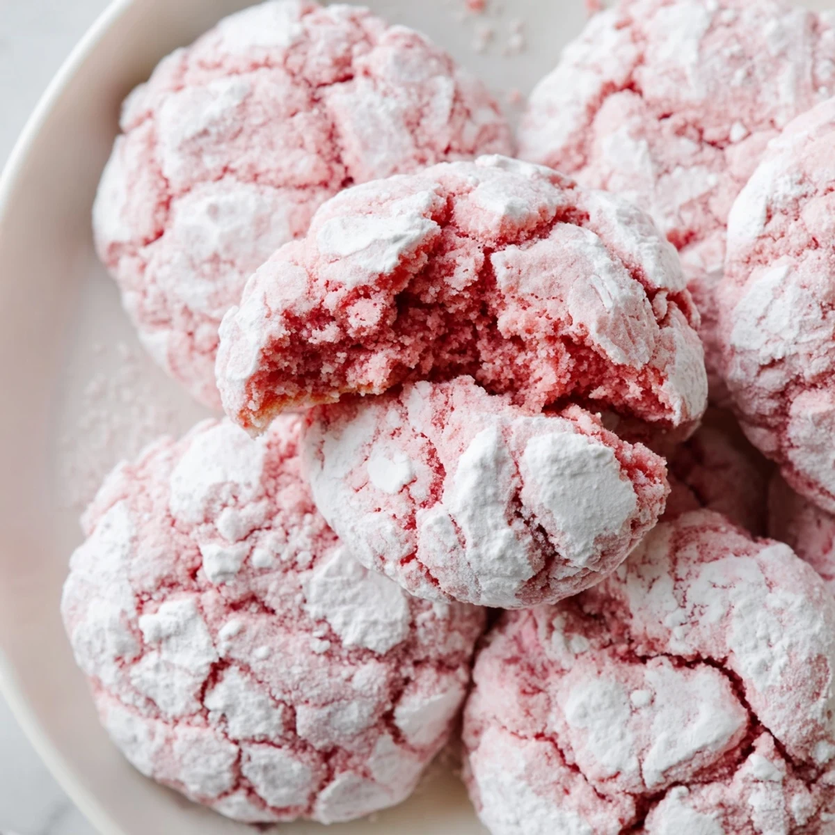 Easy 5 Ingredient Strawberry Crinkle Cookies showing soft chewy texture and crackled powdered sugar tops.