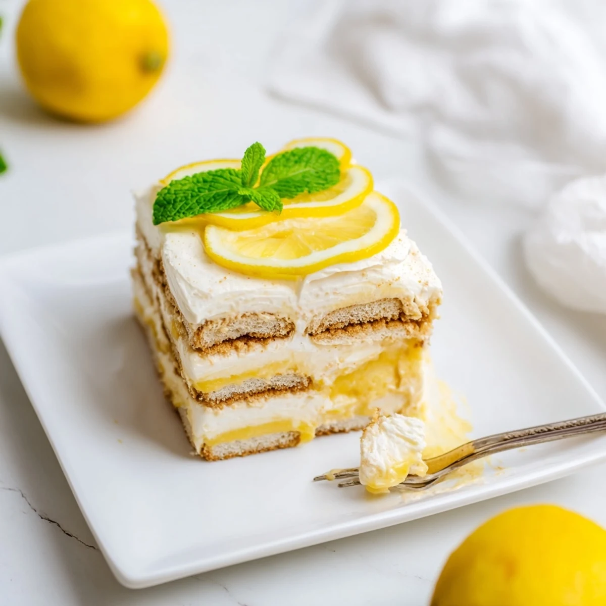 Creamy lemon tiramisu with zesty mascarpone layers in a glass baking dish.