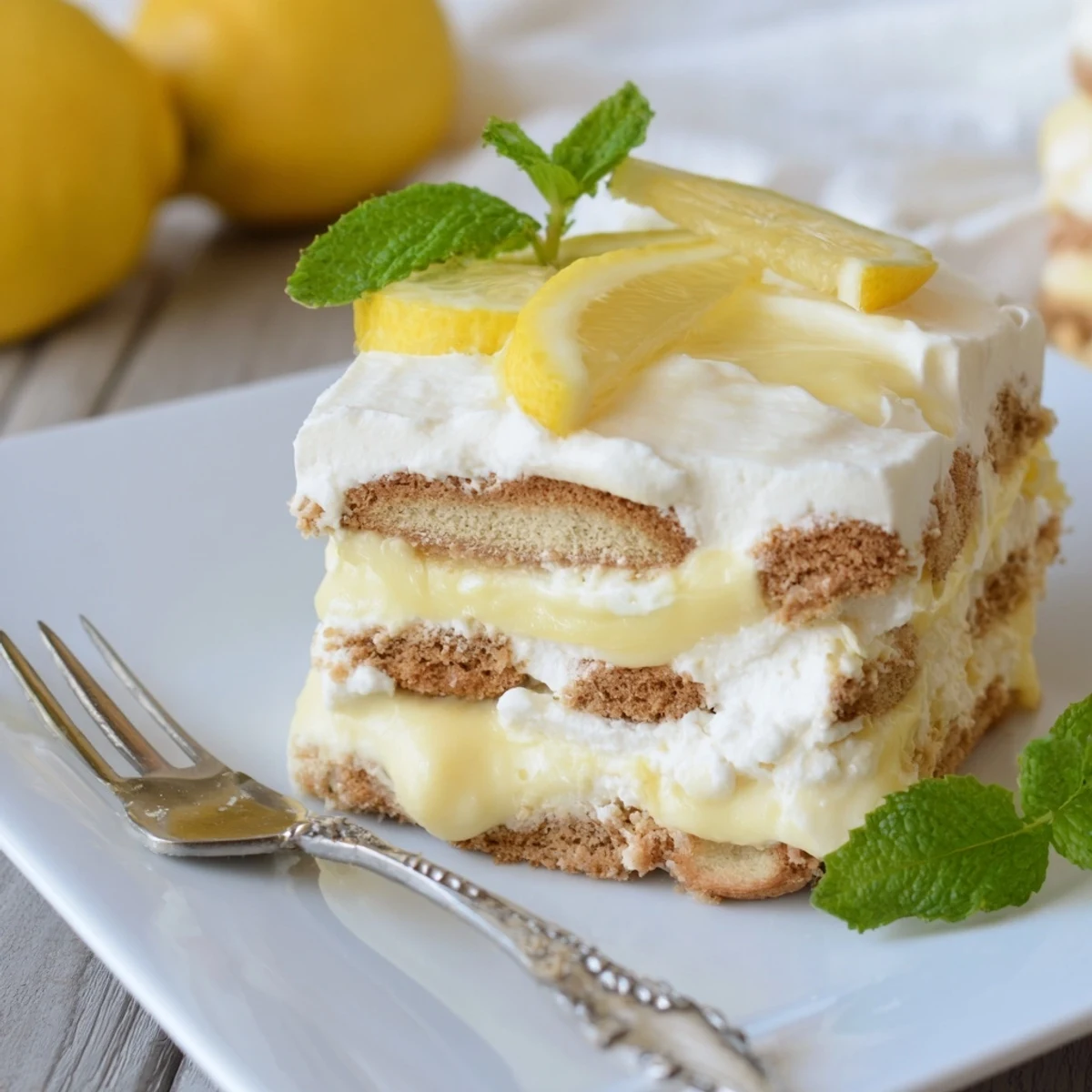 Garnished lemon tiramisu slice with ladyfingers soaked in bright limoncello syrup.