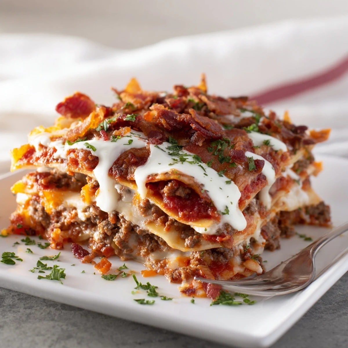 This hearty Lasagna Meets Cheeseburger Parmesan Garlic Bacon Style is served with sliced pickles and a fresh salad.