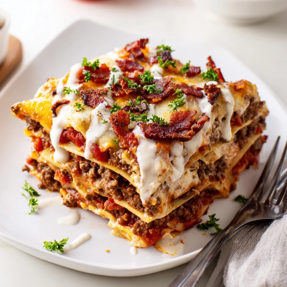 The finished Lasagna Meets Cheeseburger Parmesan Garlic Bacon Style rests bubbly and golden in a white baking dish.