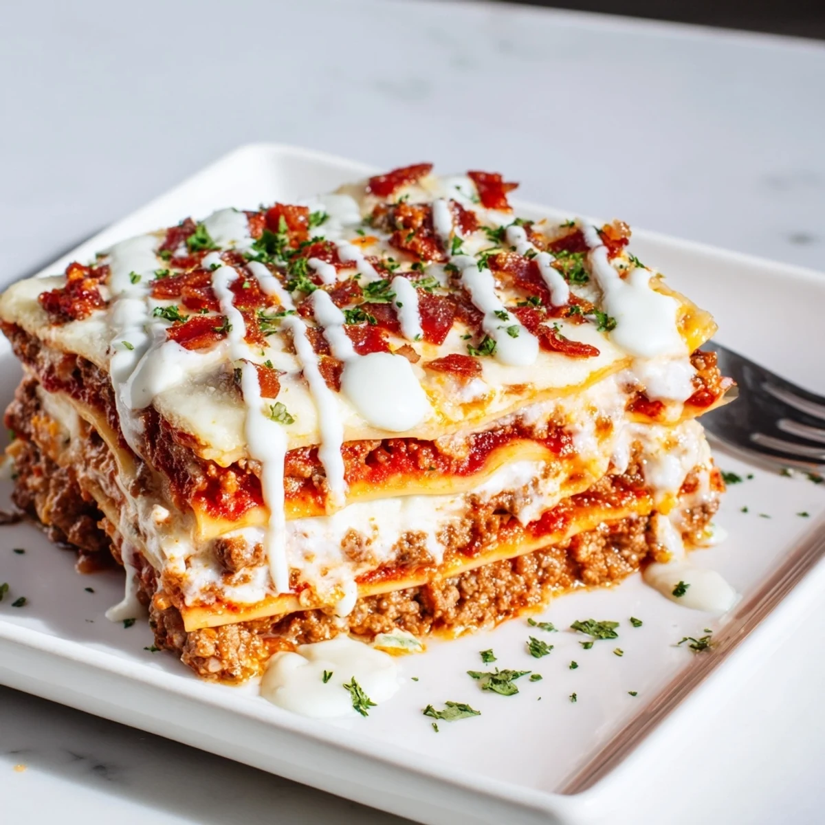 Fresh parsley garnishes a steaming slice of Lasagna Meets Cheeseburger Parmesan Garlic Bacon Style on a rustic plate.