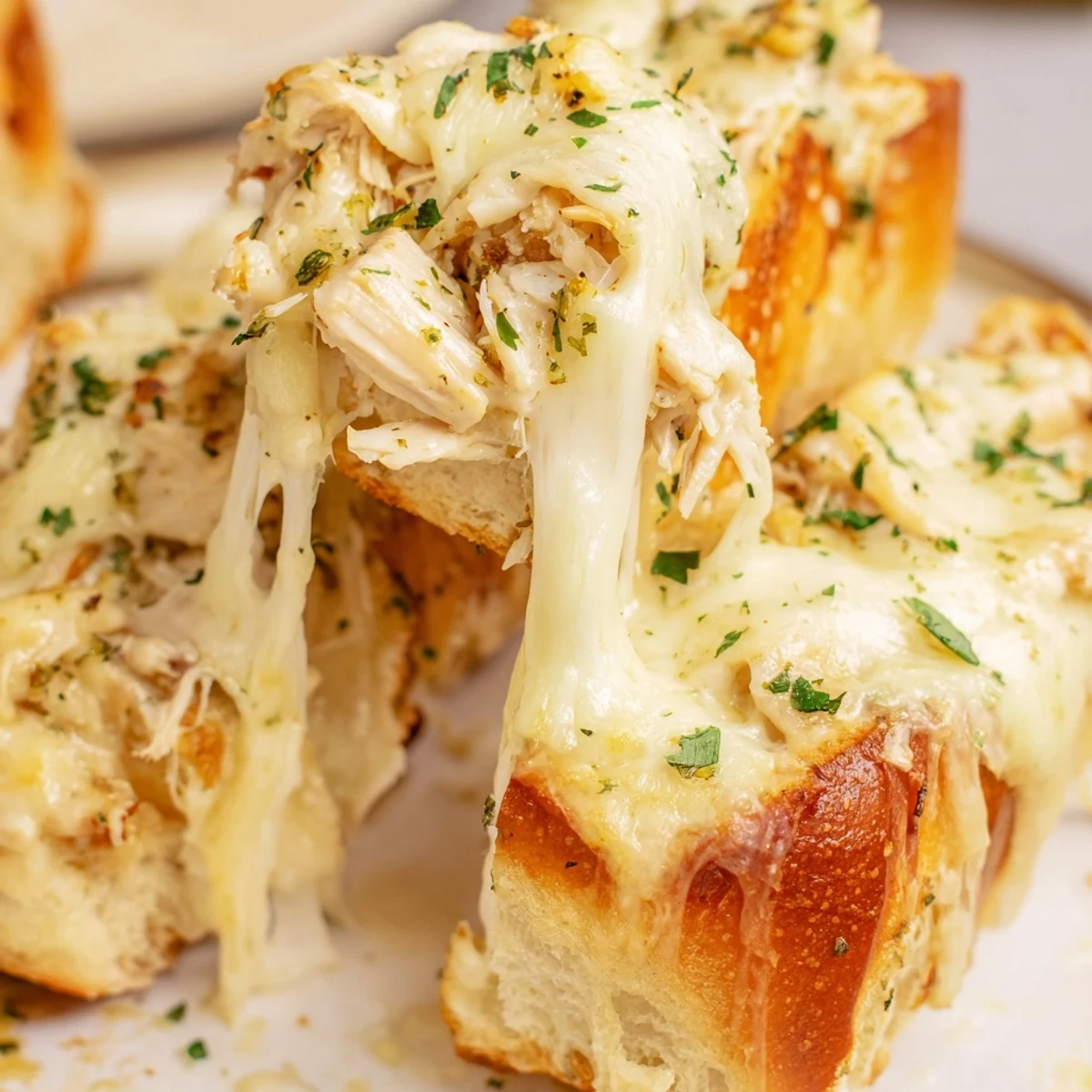 Golden-brown Viral Chicken Alfredo Garlic Bread fresh from the oven, topped with melted mozzarella and provolone.