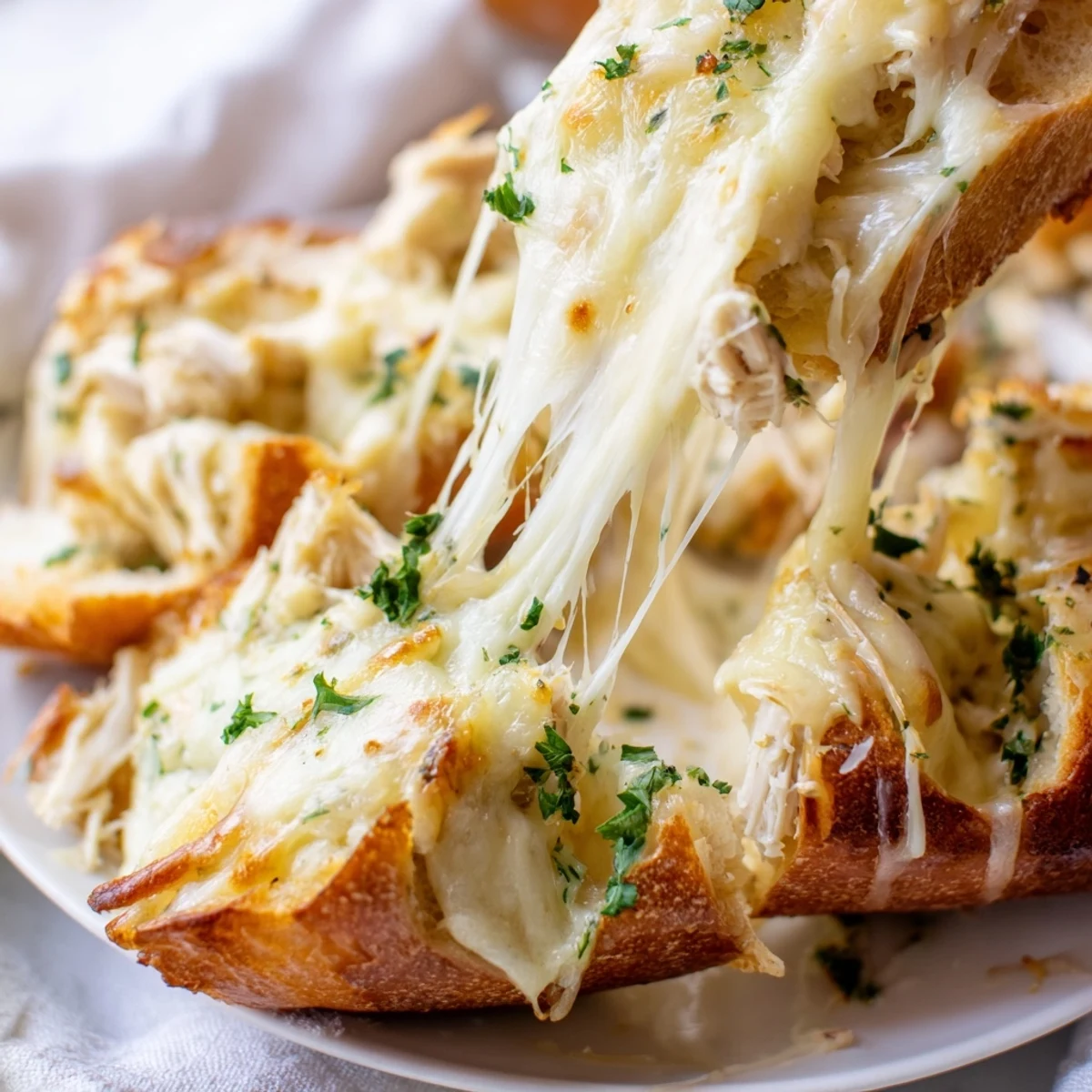 Sliced Viral Chicken Alfredo Garlic Bread shows creamy chicken Alfredo layered on cheesy garlic bread.