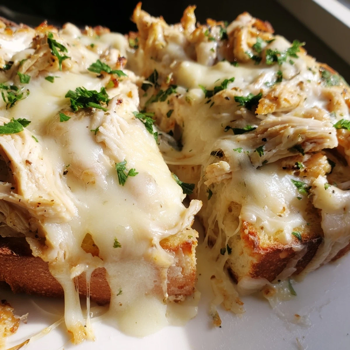Close-up of Viral Chicken Alfredo Garlic Bread with parsley garnish, ready to serve as a party appetizer.