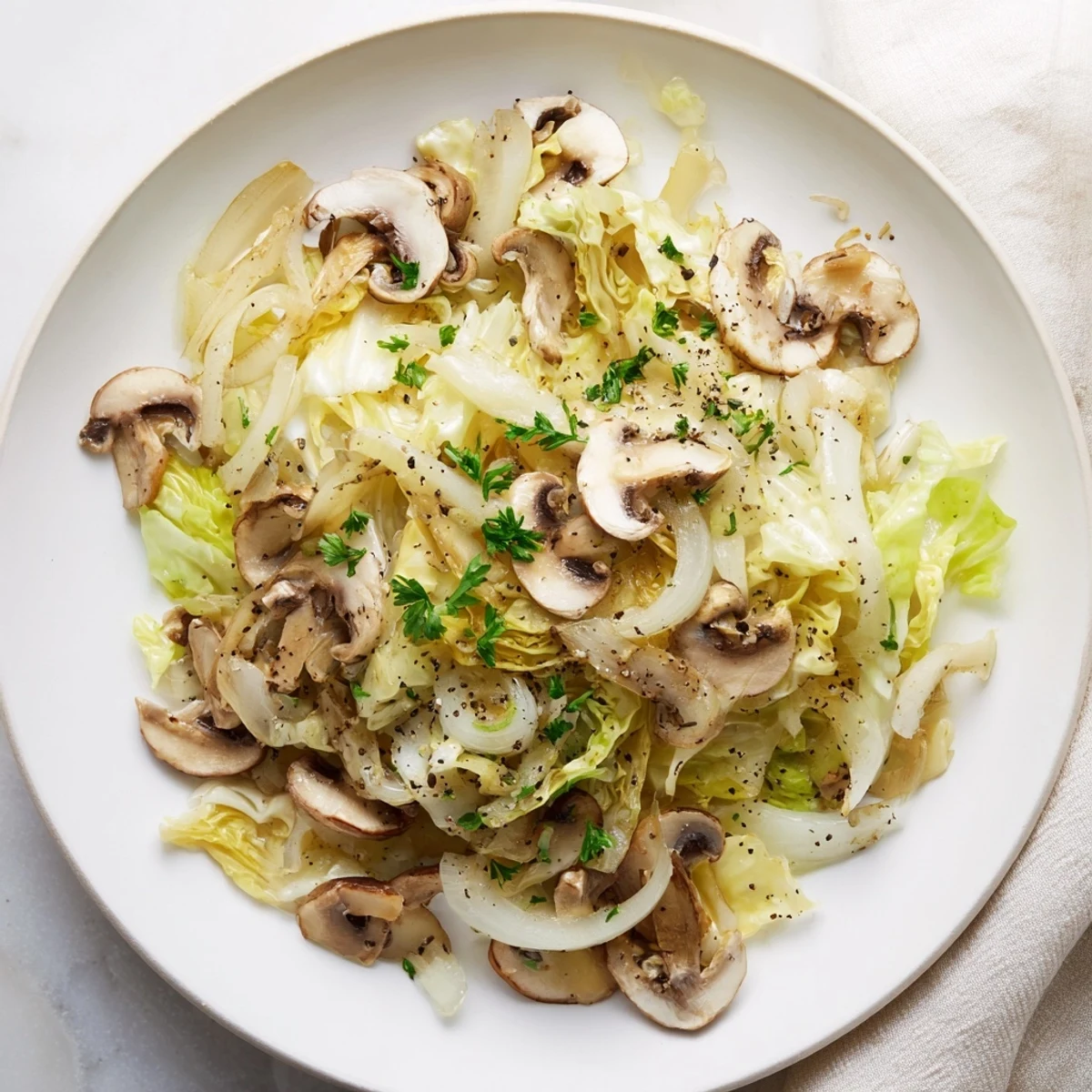 The finished Vegetarian Cabbage Mushroom Sauté piled high in a white serving bowl, garnished with fresh parsley.