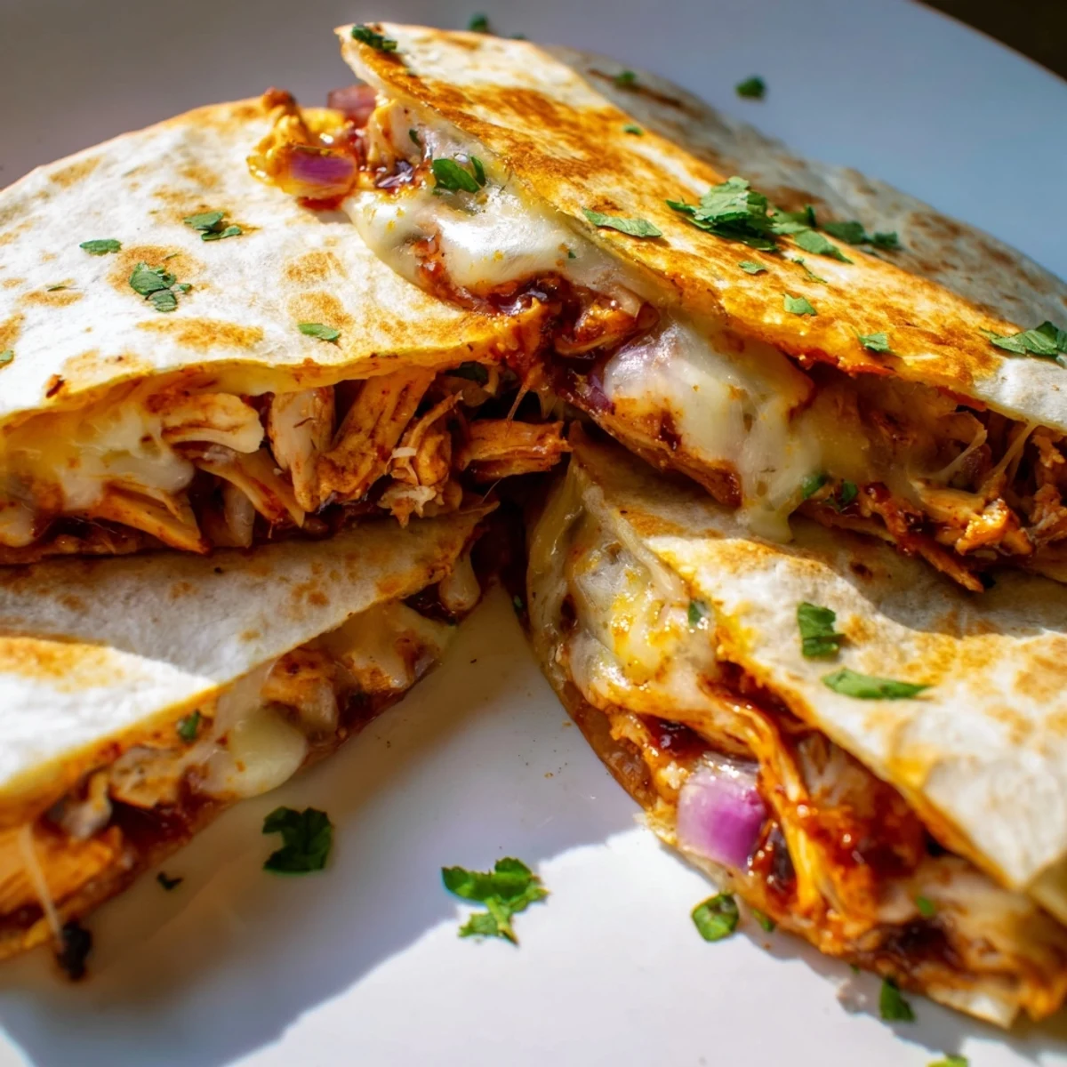 Close-up of hot honey BBQ chicken quesadillas highlighting smoky sauce and red onion inside a toasted tortilla.