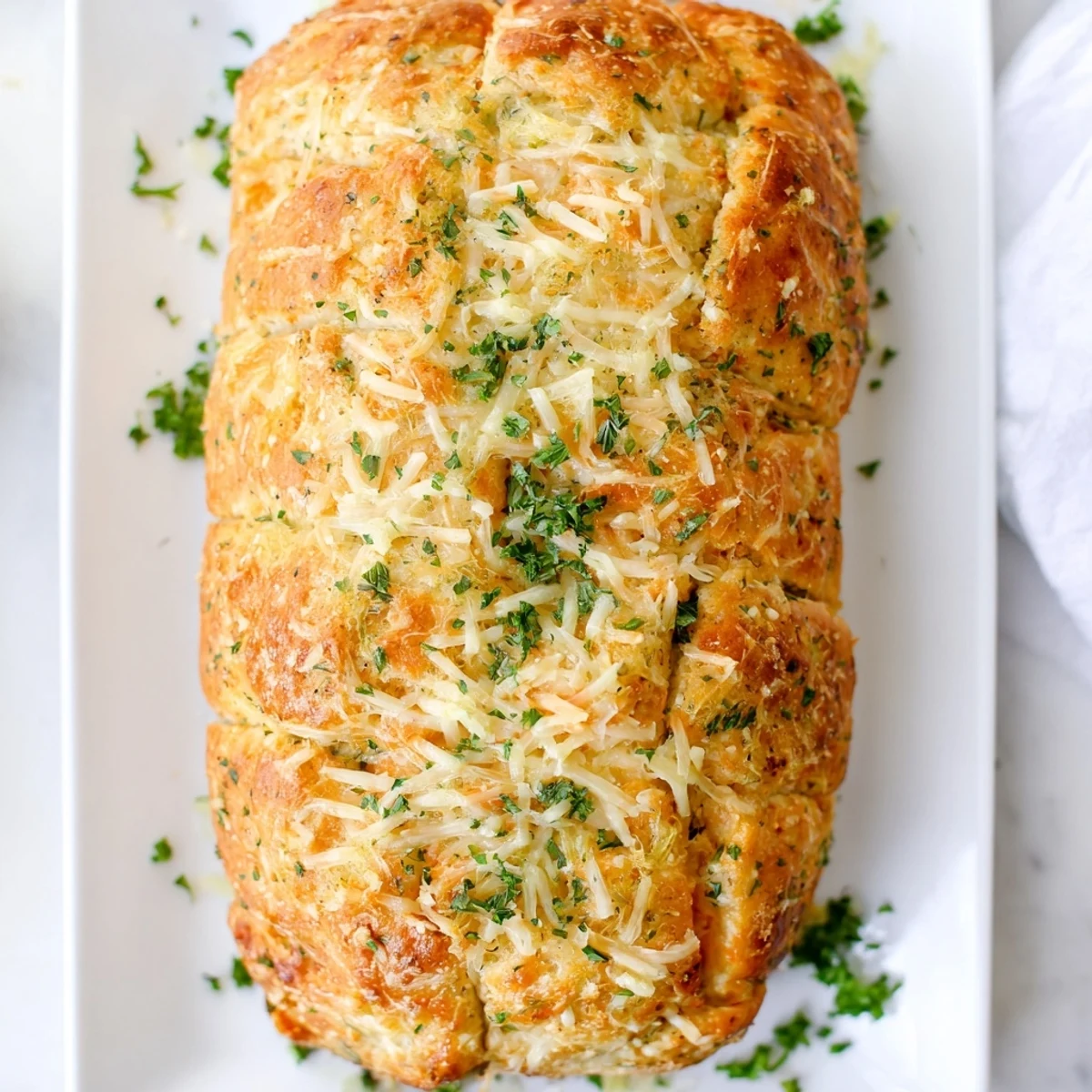 Garlic butter brushed Red Lobsters Cheddar Bay Biscuit Loaf served on a wooden cutting board.