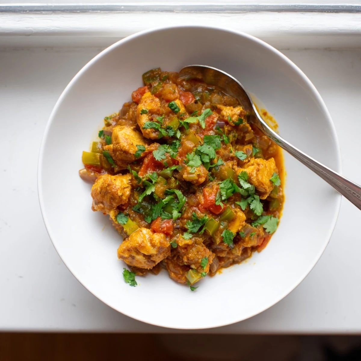 Fragrant Spiced Chicken Curry with Ginger, Garlic & Jalapeño simmers in a pot, ready for spooning over fluffy basmati rice.