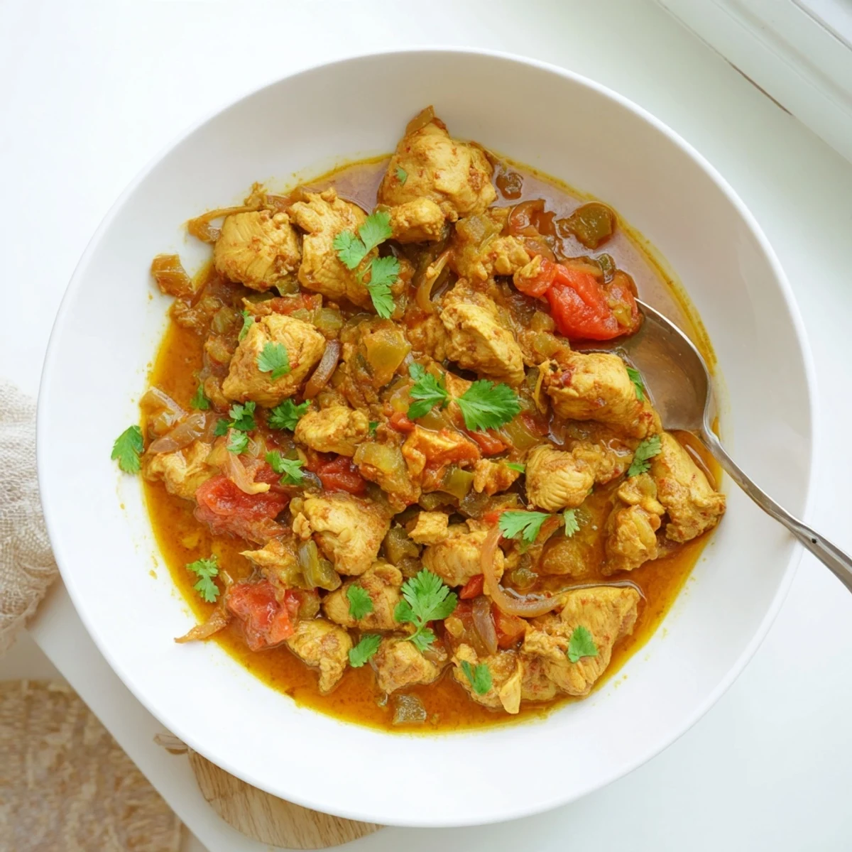 Close-up of tender chicken thighs coated in a vibrant orange curry sauce, garnished with fresh cilantro and sliced jalapeños.