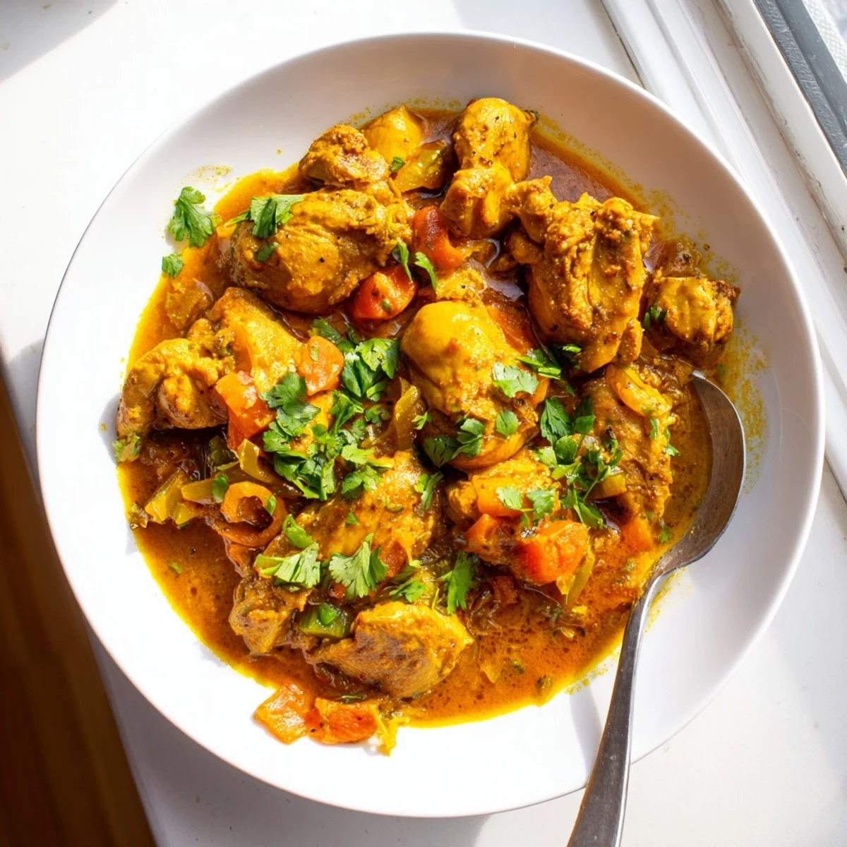 Warm Spiced Chicken Curry with Ginger, Garlic & Jalapeño served in a rustic bowl, alongside fluffy rice and warm naan.