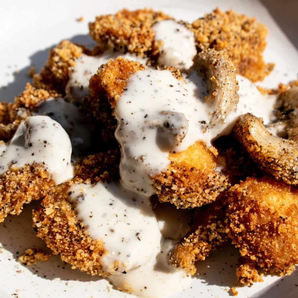 Golden-battered Chicken Fried Mushrooms with Gravy on a plate beside mashed potatoes.