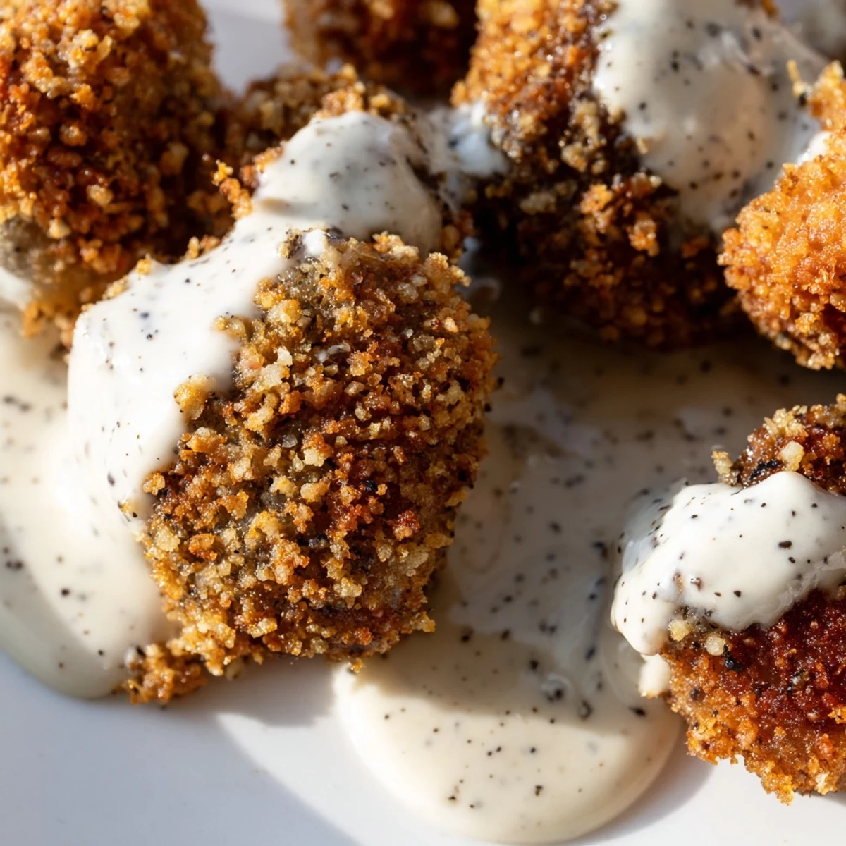 Crispy fried Chicken Fried Mushrooms with Gravy served hot with a biscuit.