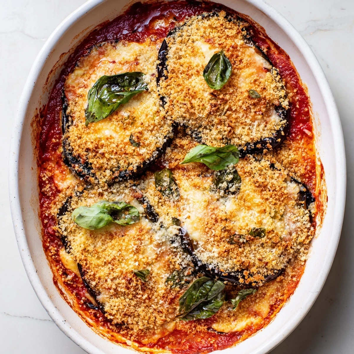 Golden, bubbling layers of Charred Aubergine Parmigiana with melted mozzarella and fresh basil garnish on a rustic table.