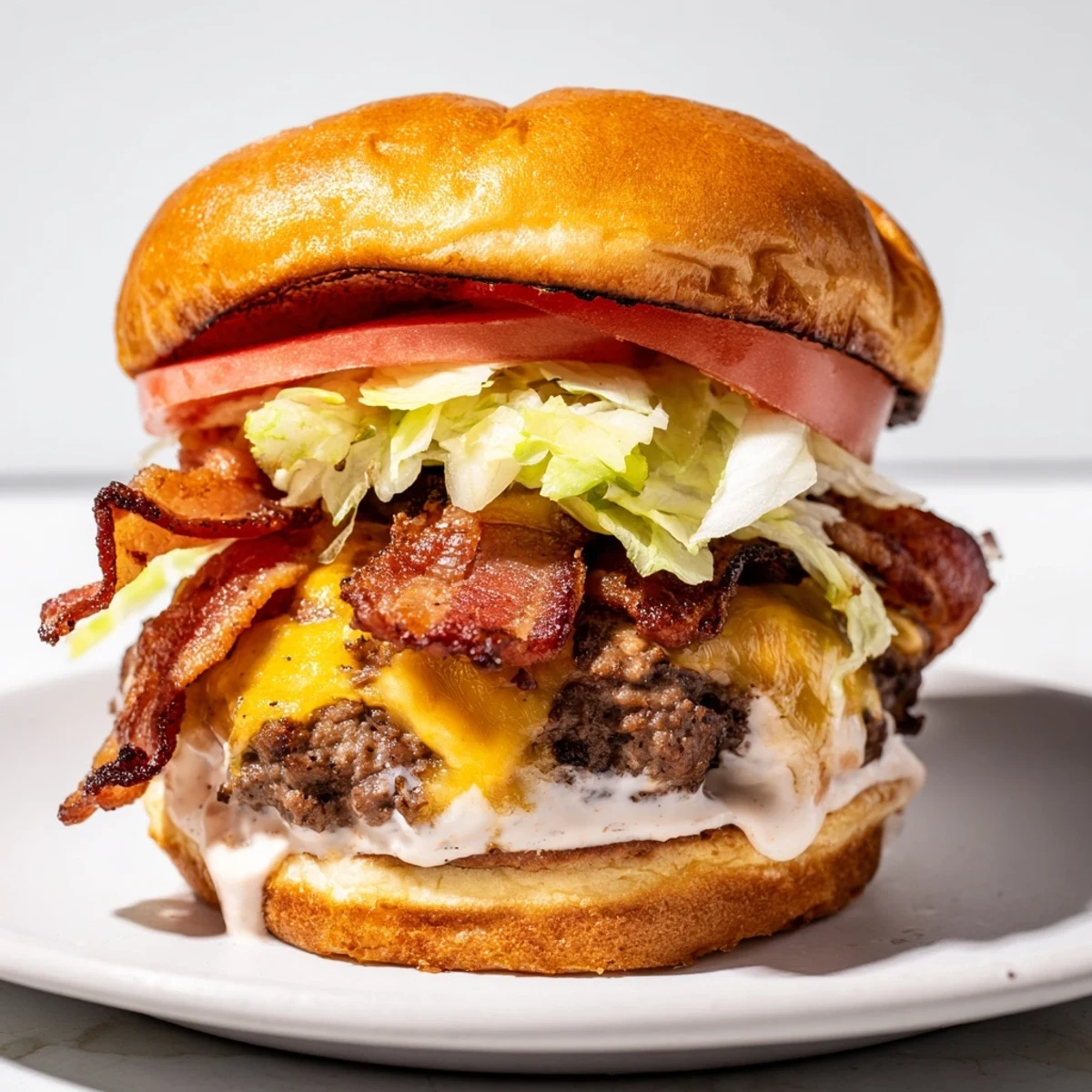 Close-up of a hand holding a delicious Crack Burger, revealing melted cheddar and crispy bacon layers on a toasted bun with ranch drizzle.