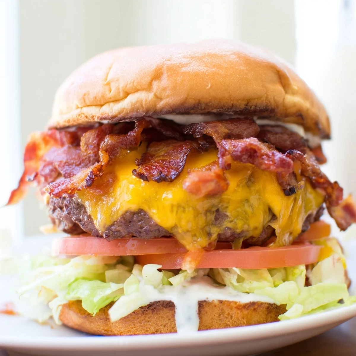 Crack Burgers are stacked high with shredded lettuce, tomato slices, and crispy fried onions, served alongside golden fries for a satisfying dinner.