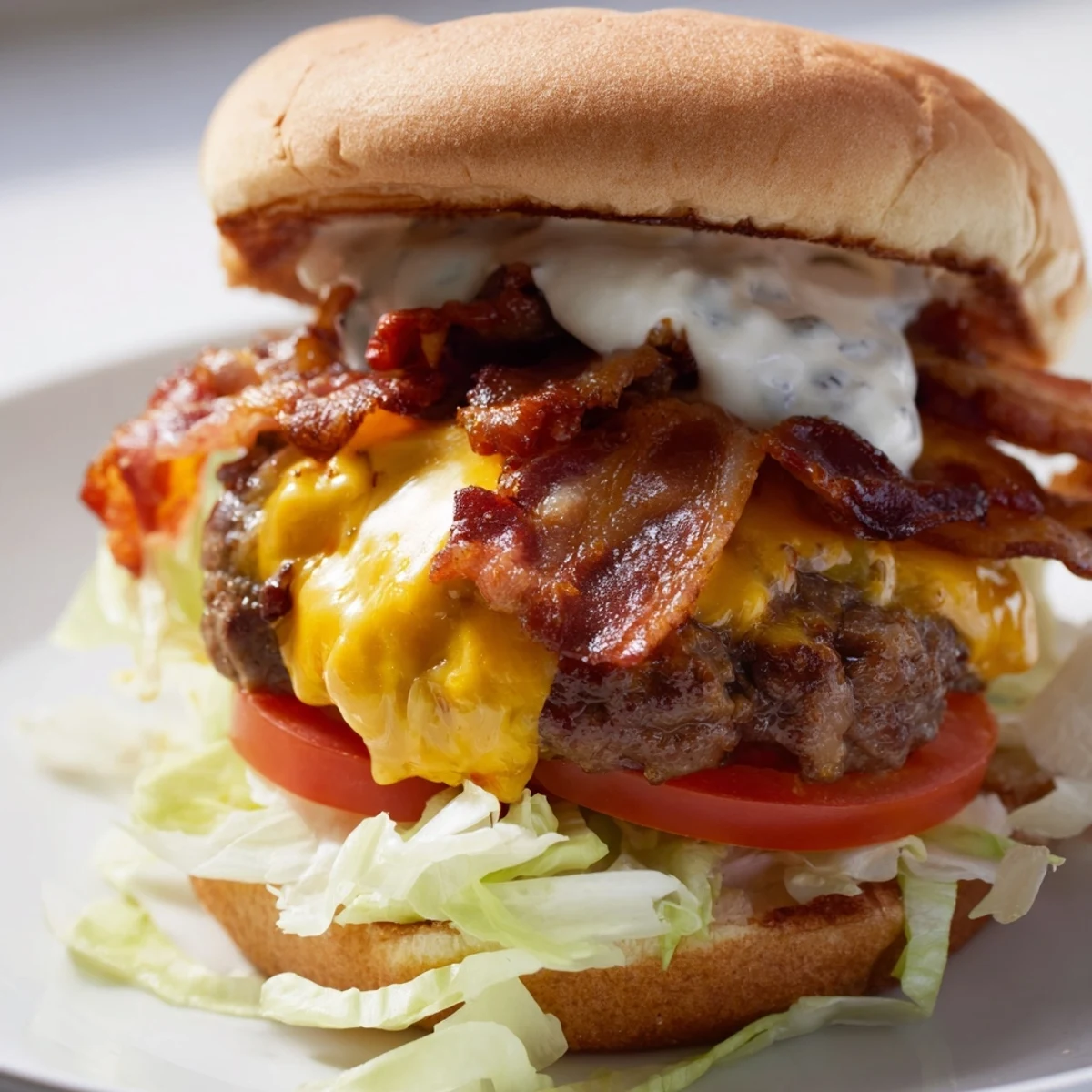 Golden-brown toasted buns hold a juicy beef patty topped with crispy bacon, melted cheddar, and creamy ranch sauce, showcasing these irresistible Crack Burgers.