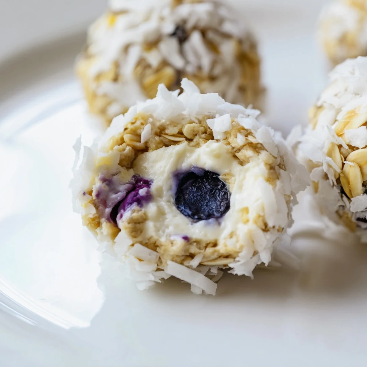 Close-up of Lemon Blueberry Cottage Cheese Protein Bites with fresh lemon zest and juicy blueberries visible inside.