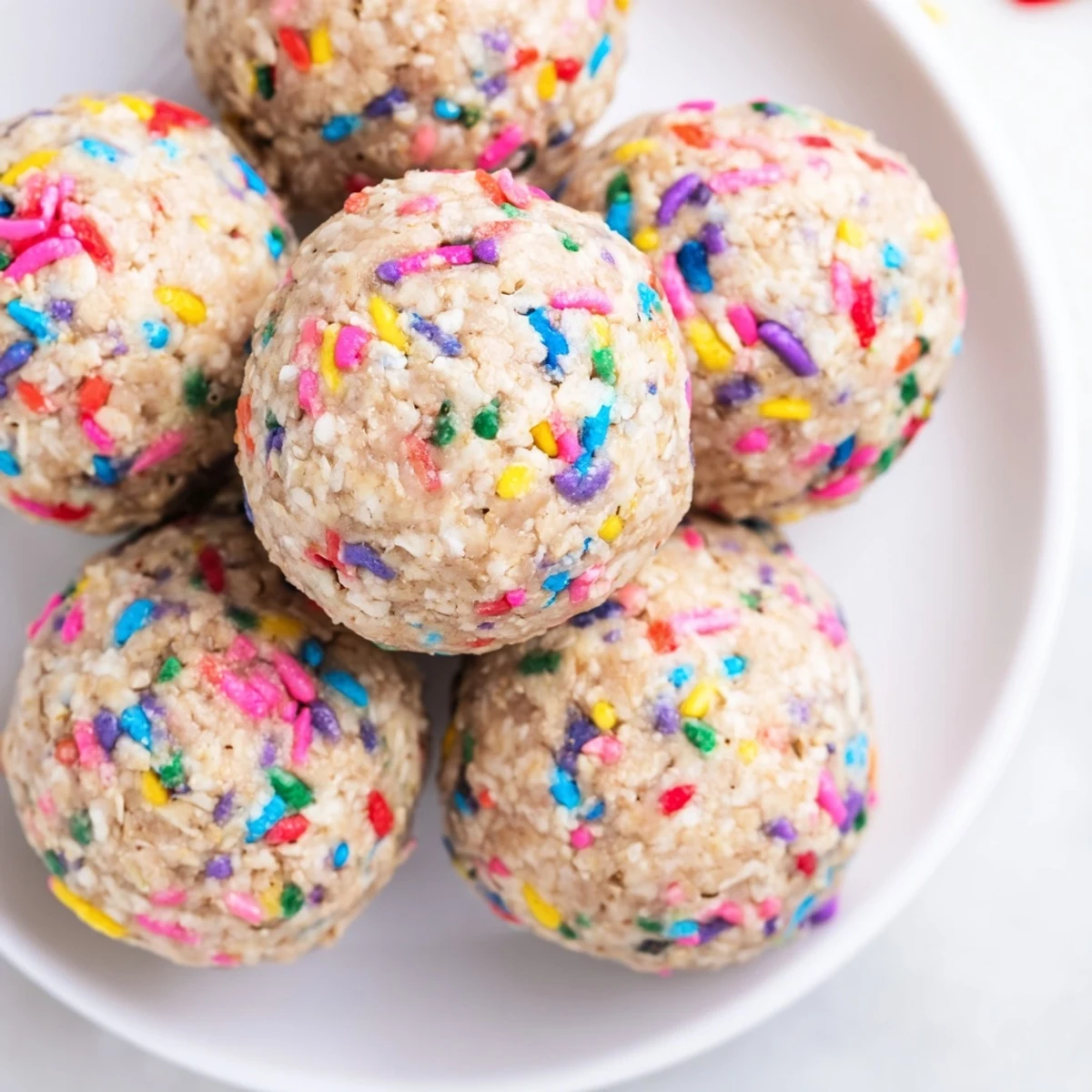 A close-up of Birthday Cake Batter Protein Balls with colorful rainbow sprinkles on a rustic wooden board.