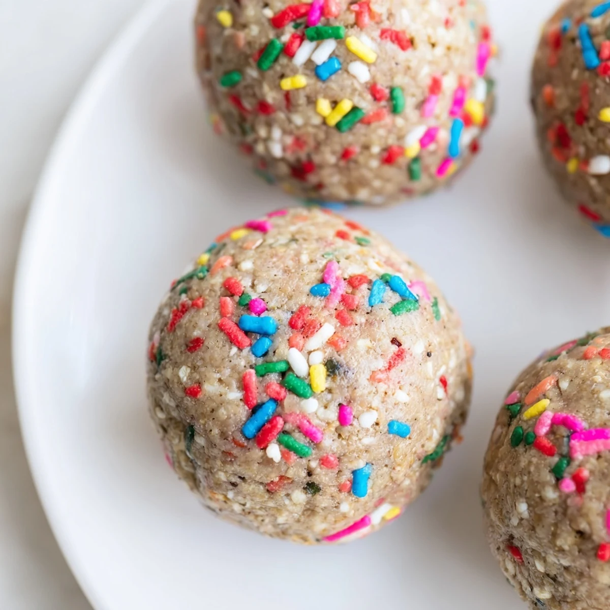 These Birthday Cake Batter Protein Balls are rolled in extra sprinkles and served on a white platter with a glass of milk.