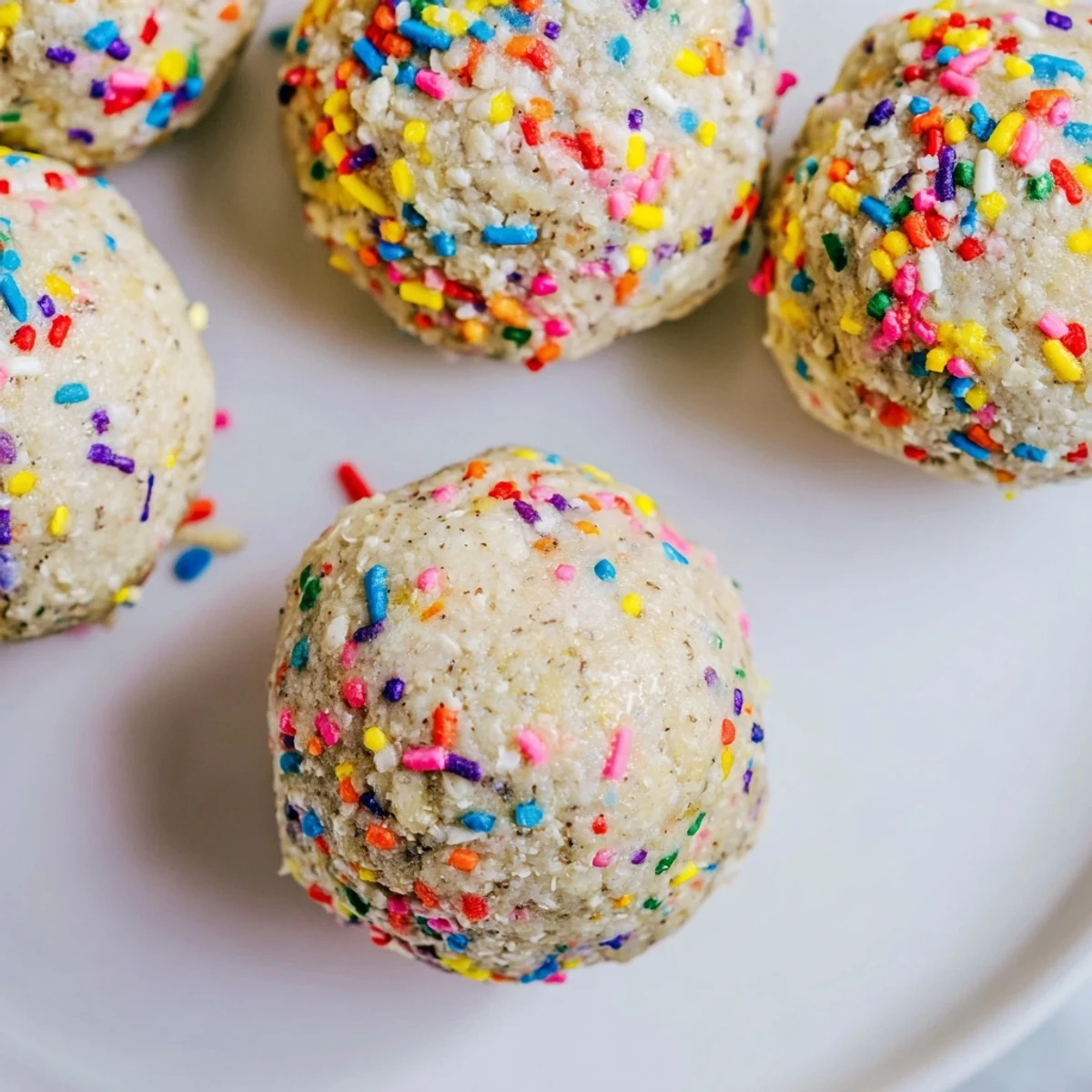 A bright overhead shot of Birthday Cake Batter Protein Balls arranged neatly on parchment paper, showing their soft texture.