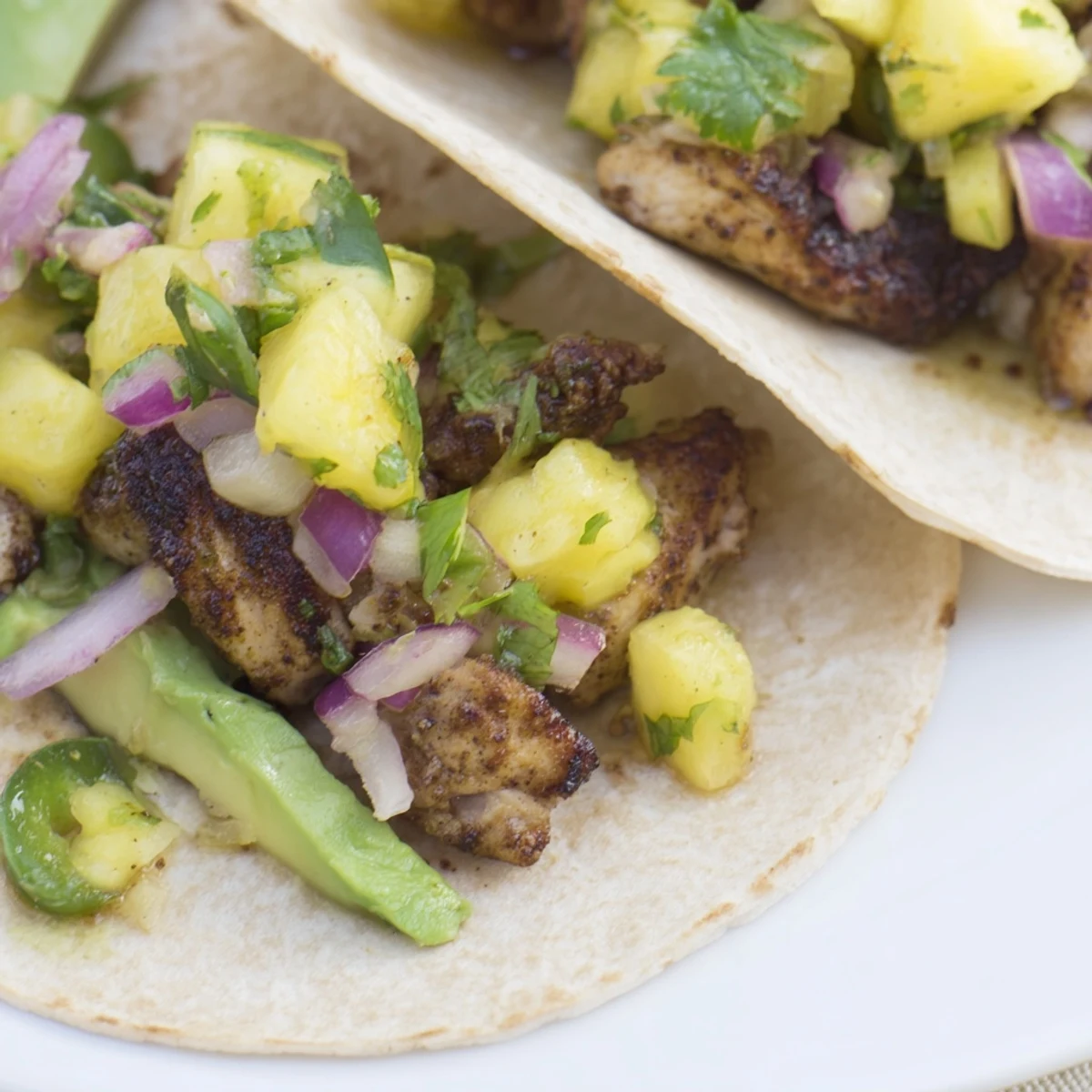 Sizzling Pineapple Chicken Tacos on a plate with lime wedges and creamy avocado slices.