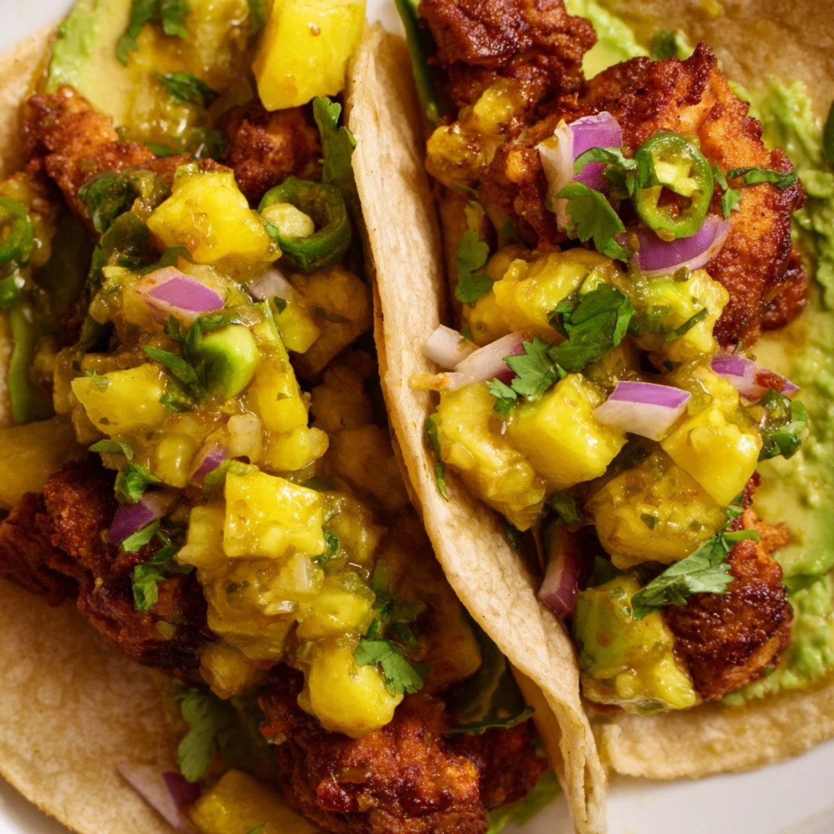 Golden brown Pineapple Chicken Tacos filled with juicy grilled chicken and fresh pineapple salsa.