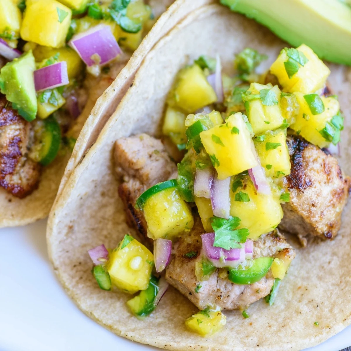 A close-up of Pineapple Chicken Tacos featuring tender chicken, cilantro, and vibrant pineapple chunks.