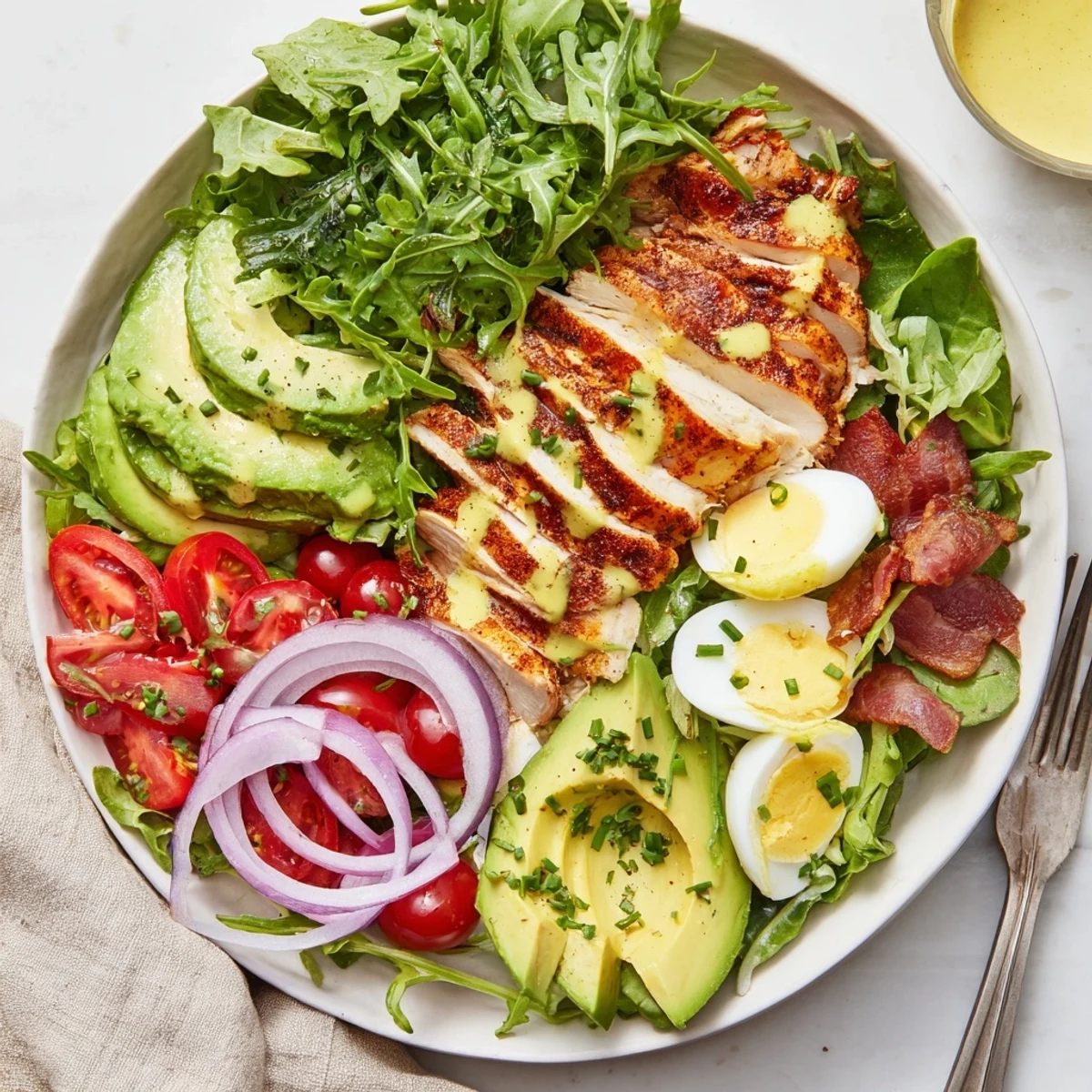 Grilled chicken slices top a fresh salad with avocado and bacon, drizzled with honey Dijon dressing.