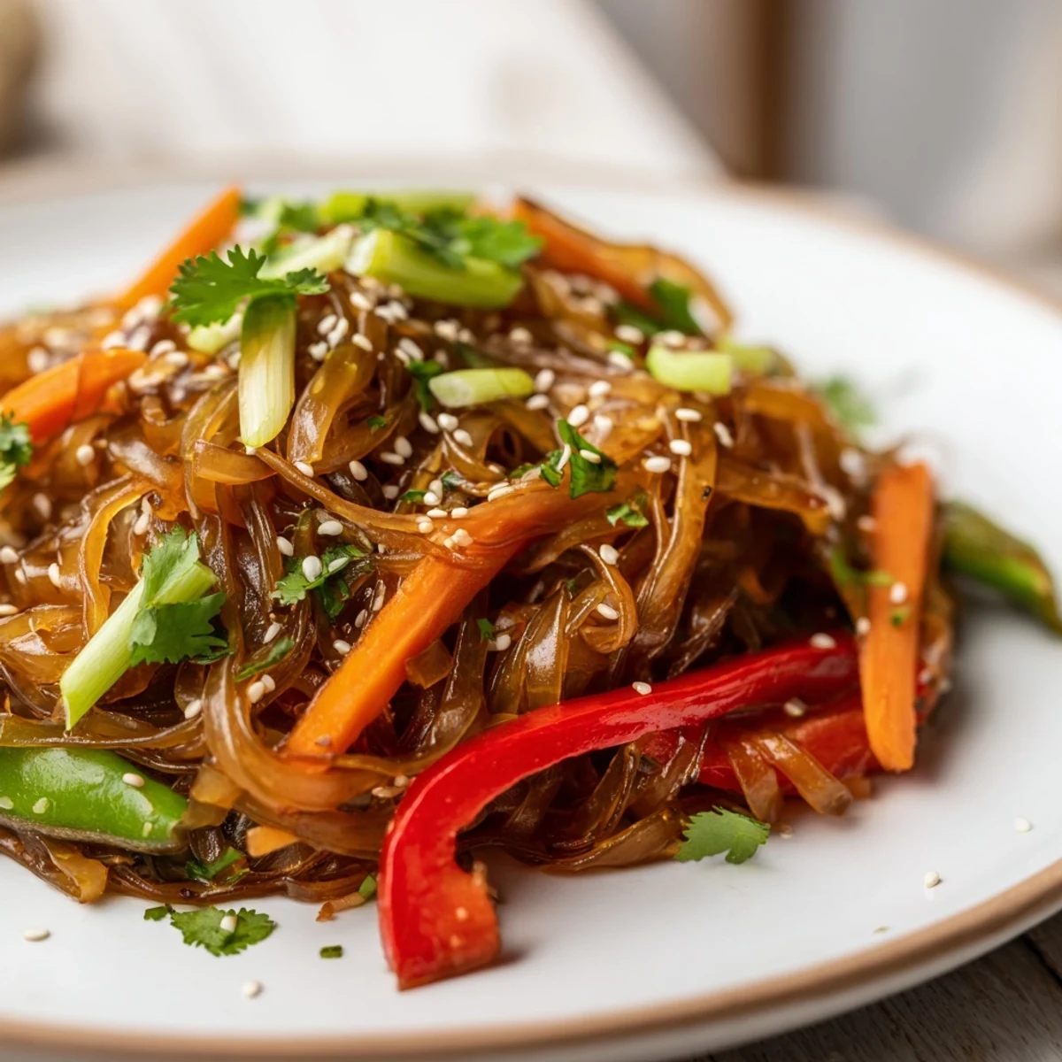 Plate of vegetarian Rice Noodle Stir Fry with lime wedges and cilantro garnish, ready for a quick weeknight meal.
