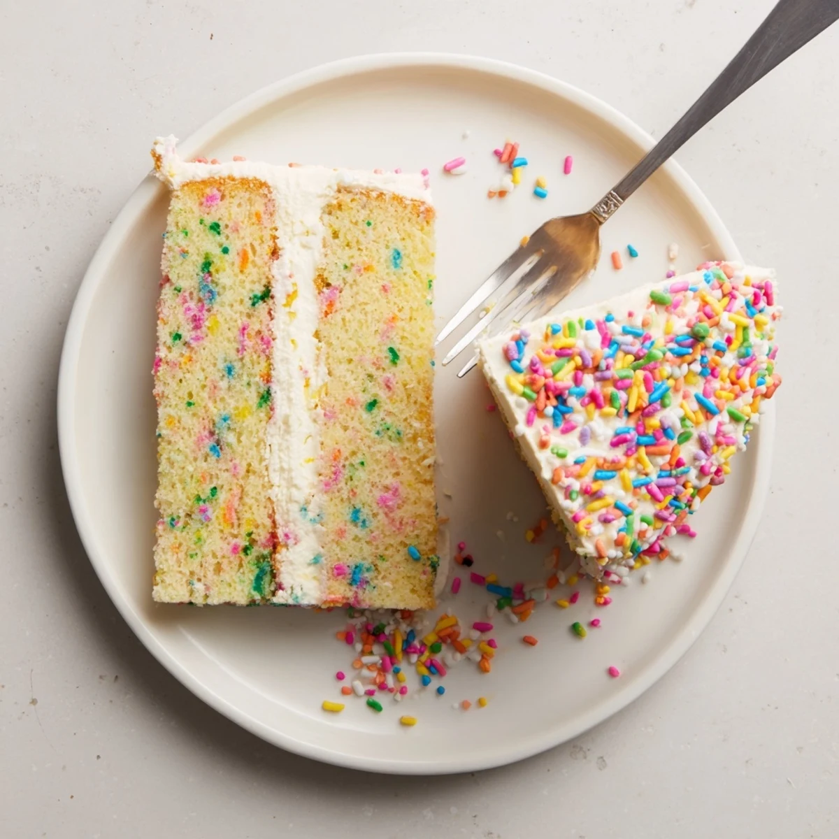 Freshly baked Gluten-Free Funfetti Birthday Cake slices show moist crumbs and vibrant sprinkles on a white plate.