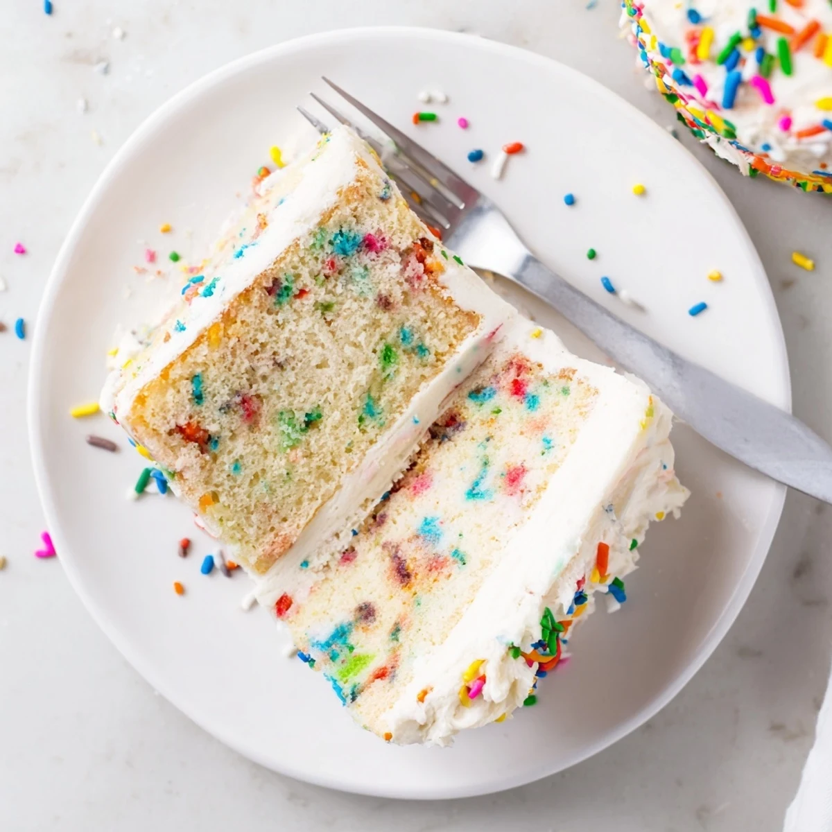 Gluten-Free Funfetti Birthday Cake with fluffy vanilla frosting and colorful confetti sprinkles, ready to serve at a celebration.