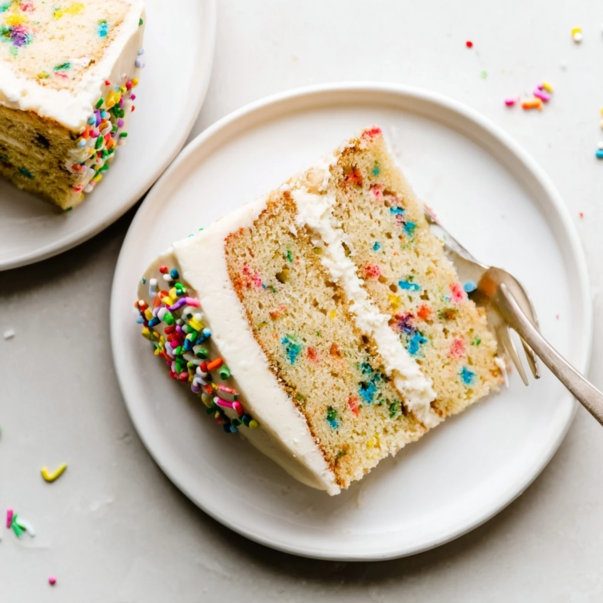 A close-up of Gluten-Free Funfetti Birthday Cake reveals tender slices and festive decorations, perfect for birthday parties.