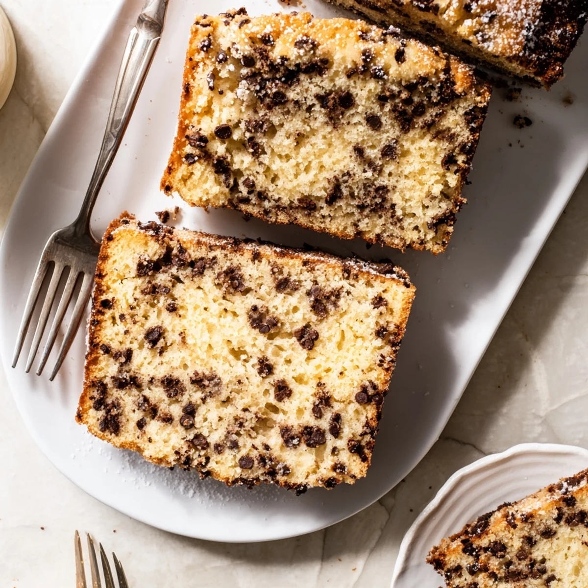 A close-up of Chocolate Chip Cake with a golden crust and melted chocolate chips.