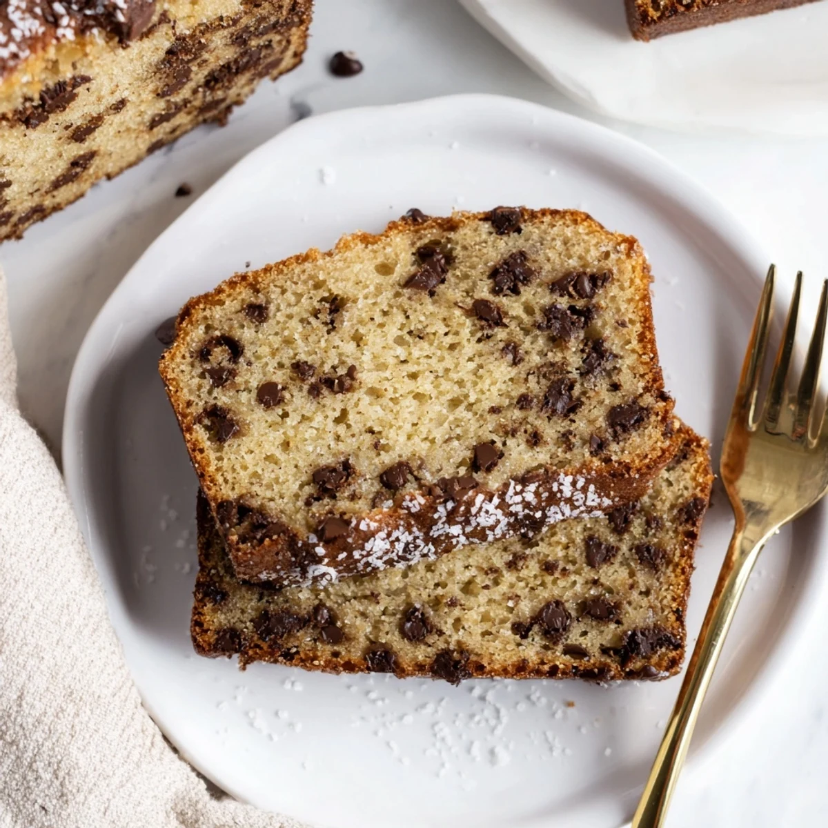 Freshly baked Chocolate Chip Cake on a white plate with a dollop of whipped cream.