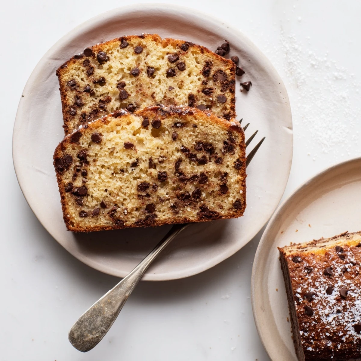 Moist slice of Chocolate Chip Cake showing tender crumb and generous chocolate chips.
