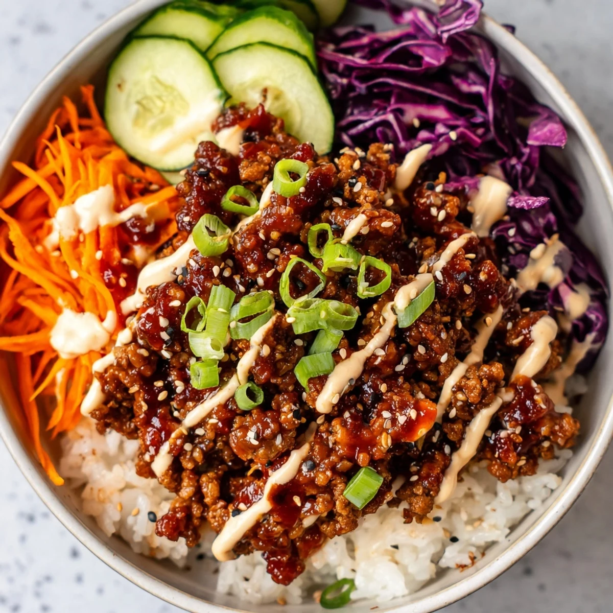 A close-up of the Korean Beef Bowl with Spicy Mayo, featuring tender beef, fluffy rice, crisp veggies, and a creamy drizzle.