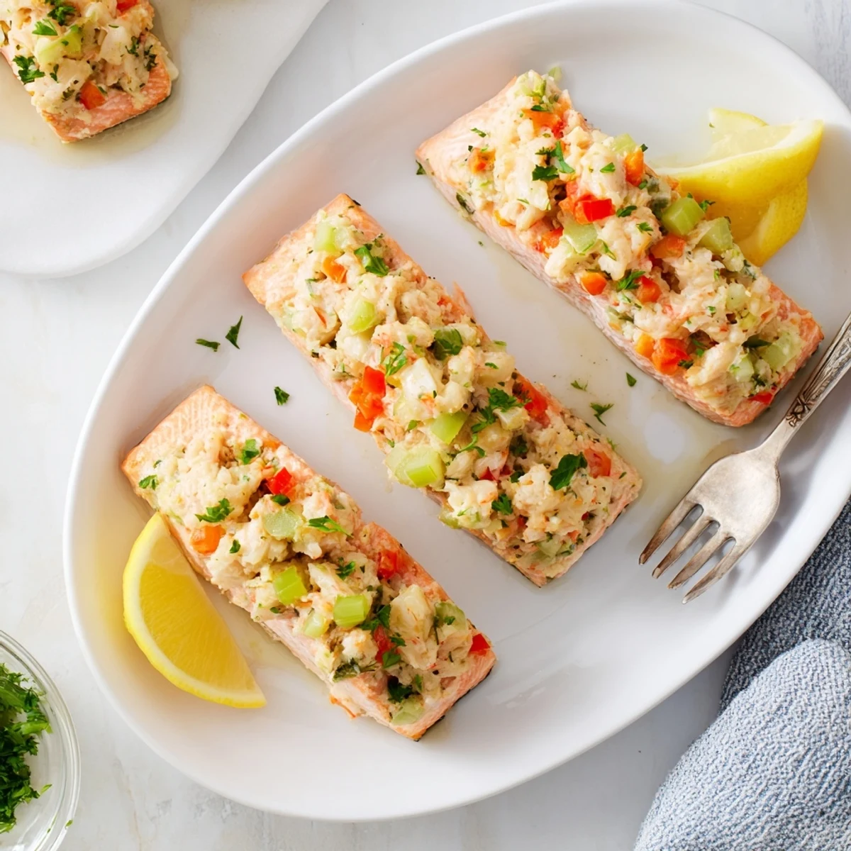 Close-up of Crab & Shrimp Stuffed Salmon with golden, baked stuffing and garnished with fresh parsley.